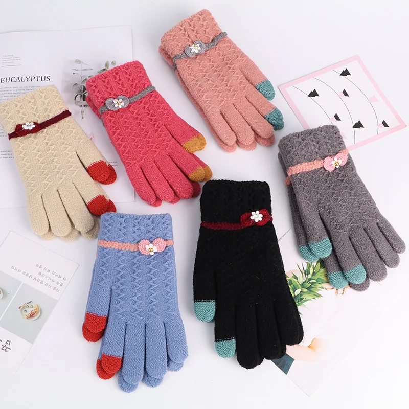 2021 Winter New Cashmere Knitted Touch Screen Warm Fashion Bowknot Pure Color Jacquard Gloves