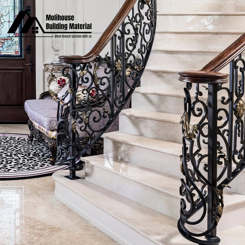Customized Staircase Luxury Wrought Iron Railing Indoor Royal Staircase Brass Balustrade Metal Railing Handrail Stair