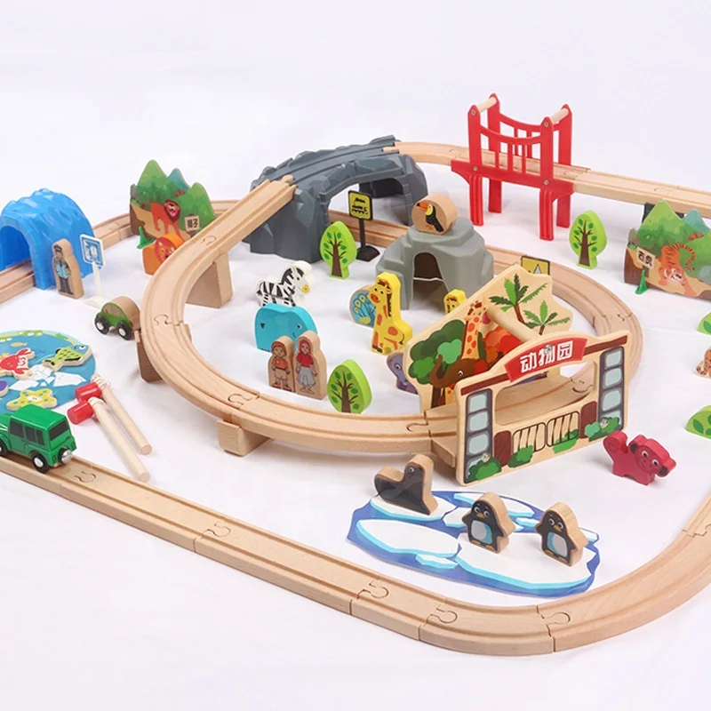 Educational Railway Train Track Set Wooden Zoo Track Set Mini Railway Construction Toy For Child