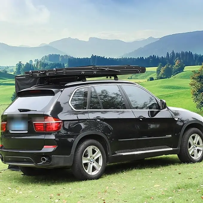 Yescampro Camping Aluminum 4 Person Top Roof Tent, Triangle Car Rooftop Tent Clamshell Black Gray Hard Shell Roof Top Tent