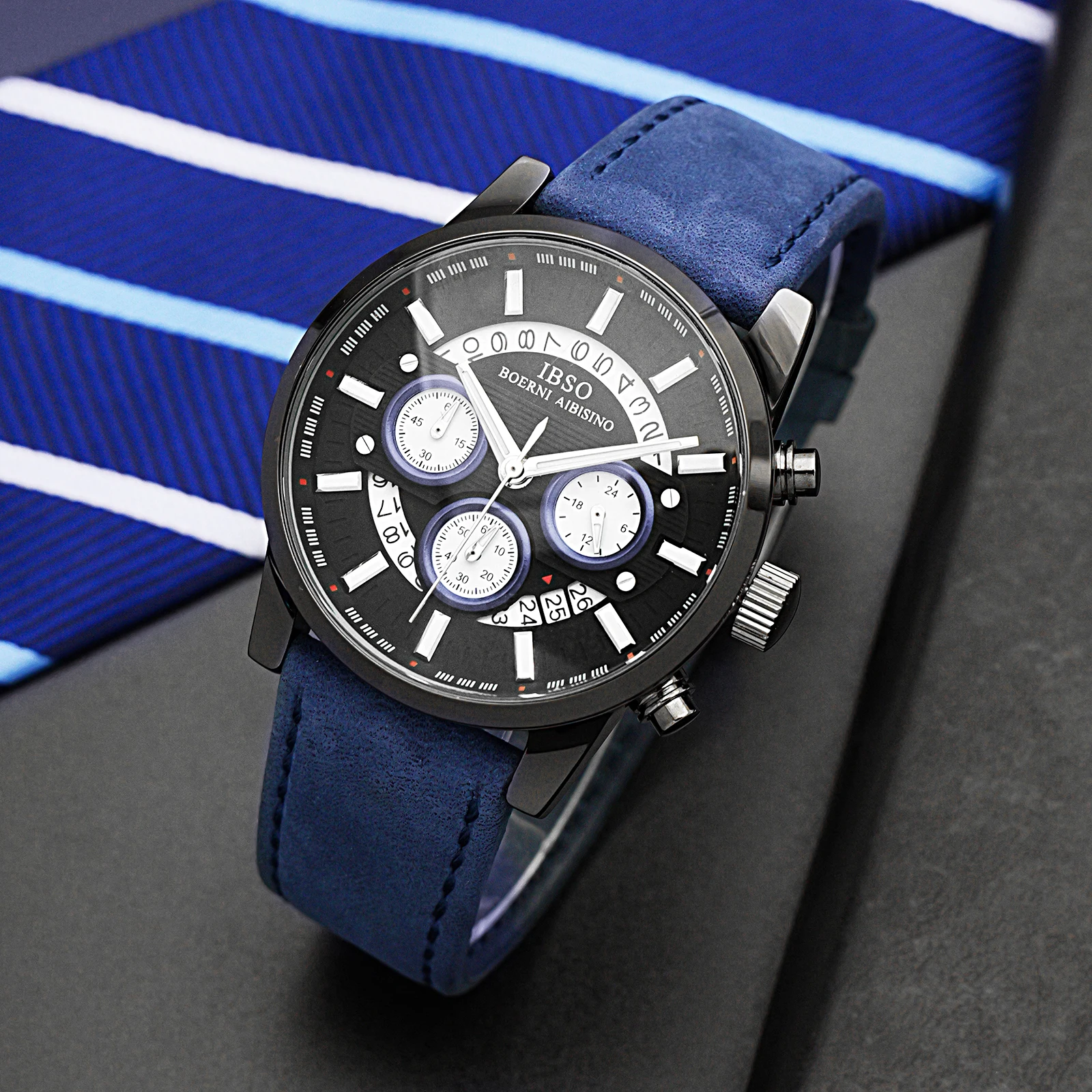 IBSO High Quality Quartz Watch Men Business Style Case 22mm Leather Strap 3Bar Water Calendar Chronograph Design Buckle Seiko