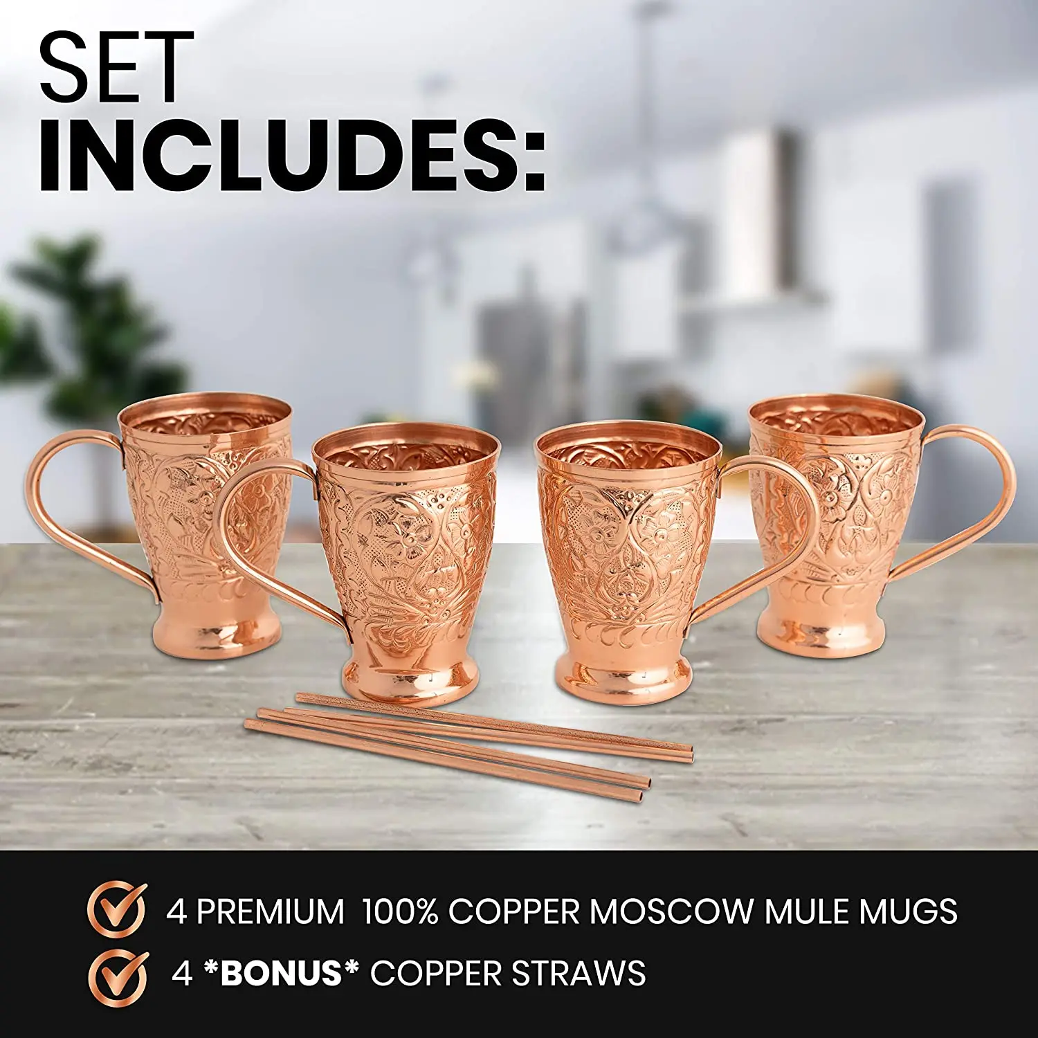 Moscow Mule Copper Mugs Handmade Embossed Set of 2 Pure Copper Cups 2 Straws Stir Sticks 20 Recipe E-book Wing Shung Exclusive