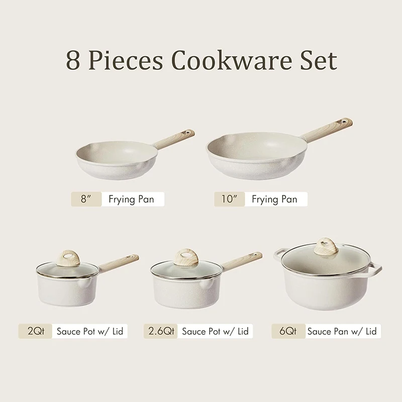 8PCS White Cheap Non Stick Granite Forged Die Cast Cookware Set Kitchenware with Glass Cover