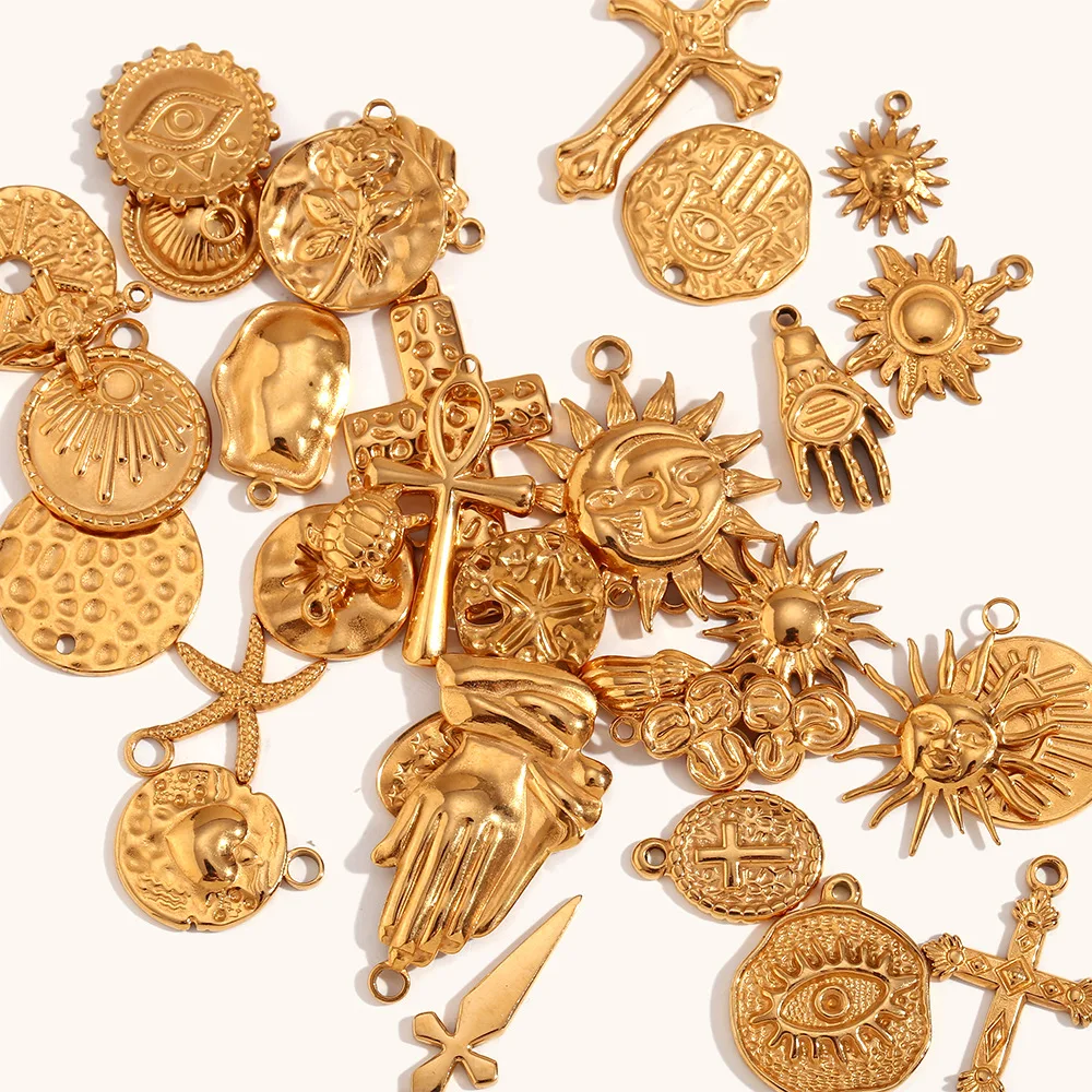 Summer Fashion Diy Necklace Making Stainless Steel Shell Sun Cross Pendant Gold Plated Jewellery Charms For Bracelets Bulk