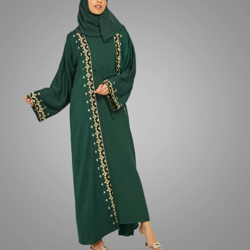 Wholesale High Quality Modest Front Open Abaya Dark Green Embroidery Dubai Style Kimono Abaya Traditional Muslim Women Clothing