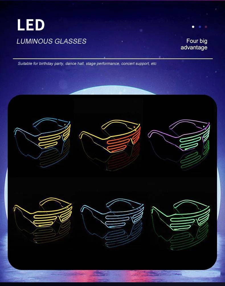 Light Up Shutter El Wires for Neon Rave Glasses Glow Flashing colorful Plastic Rechargeable El USB led wedding Glasses