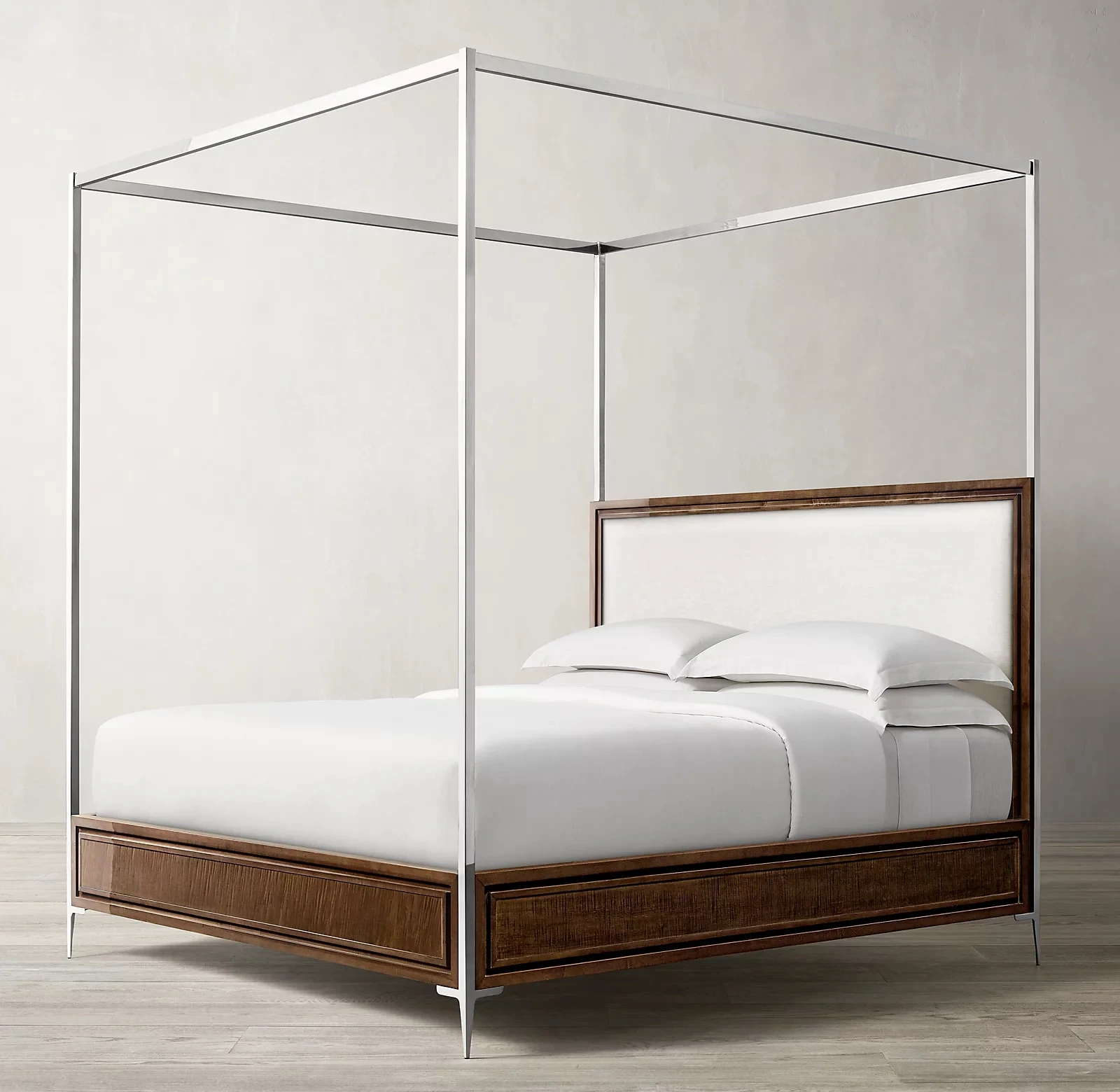 Factory direct platform solid wood panel frame king queen size canopy bedroom furniture wooden beds with metal leg