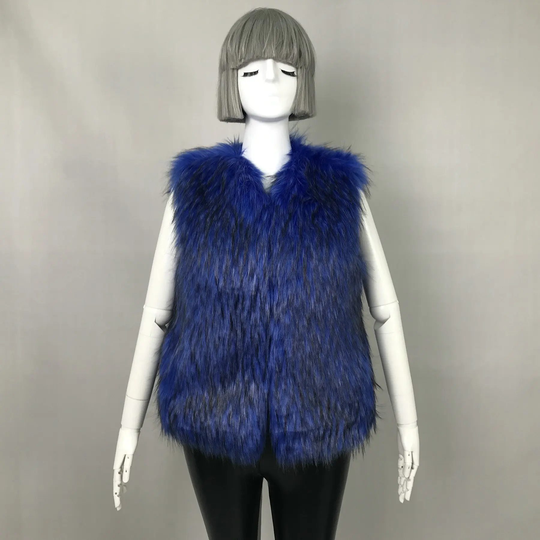 custom girls Hot Sale Winter Warm raccoon Fur Gilet Waistcoat Women Grey Faux Fur Vest