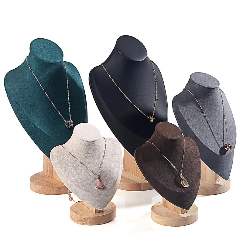 Professional Custom Jewelry Store Chain Display Stand White Pink Velvet Wood Jewelry Display Neck Necklace Bust For Show