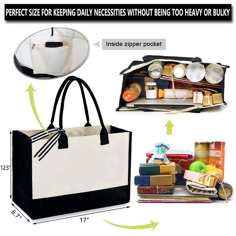 New Fashionable Multi Purpose Cream Color Women Handbags Cotton Shopping Beach Bag Two-tone Canvas Tote Bag Wit Black Handles