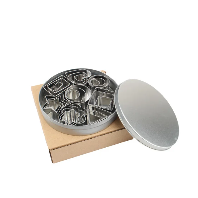 
Hot sell 24 pcs Round oval heart star square flower triangle rectan shape stainless steel cookie cutter set with tin box packing 