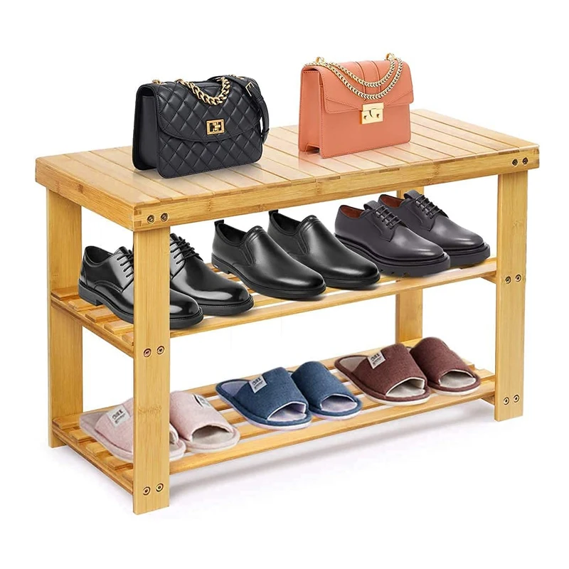 Multifunction 3 Tier Shoe Storage Shelf Organizer Stand Shoe Shelving Bamboo Shoe Rack Bench for Hallway Living Room Bedroom