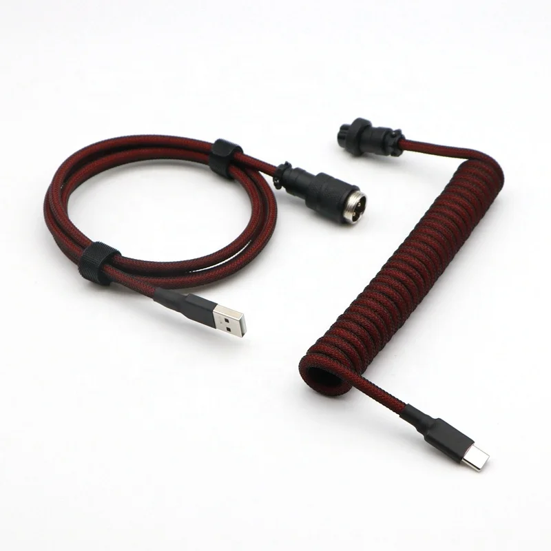 Custom Z Shape Double Sleeved Mechanical Keyboard Coiled Type C Mini USB Micro Spiral Cable With GX16 Aviator.