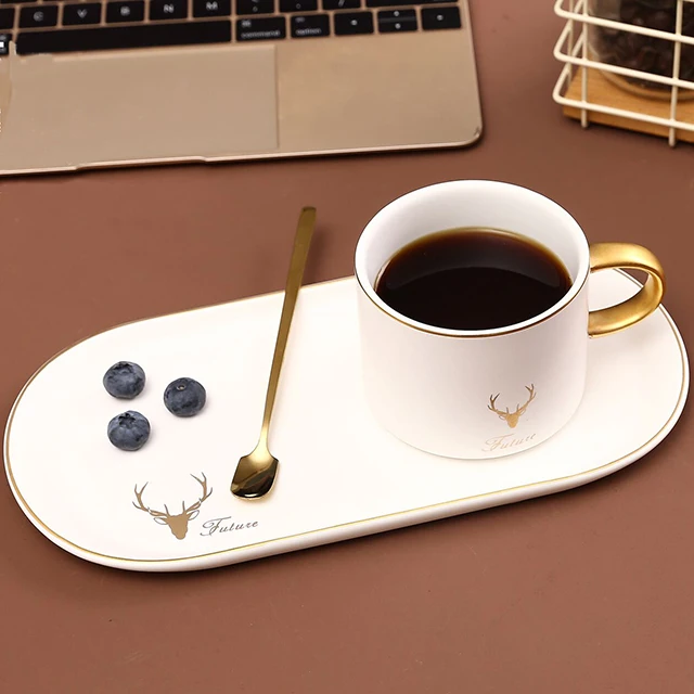 
Custom Logo European Wholesale Modern Design Office Mug Ceramic Gold Latte Coffee Tea Cups With Creative Saucers Tray 