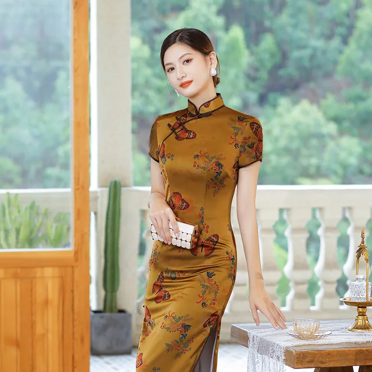 Оптовая продажа 2023 лето и осень новинка длинное атласное платье Qipao в стиле ретро банкетный двухслойный костюм для похудения