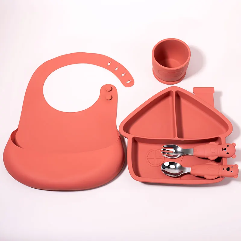 Wholesale in stock custom logo baby eating training soft spoon fork bowl bibs kids toddler tableware Silicone baby feeding set