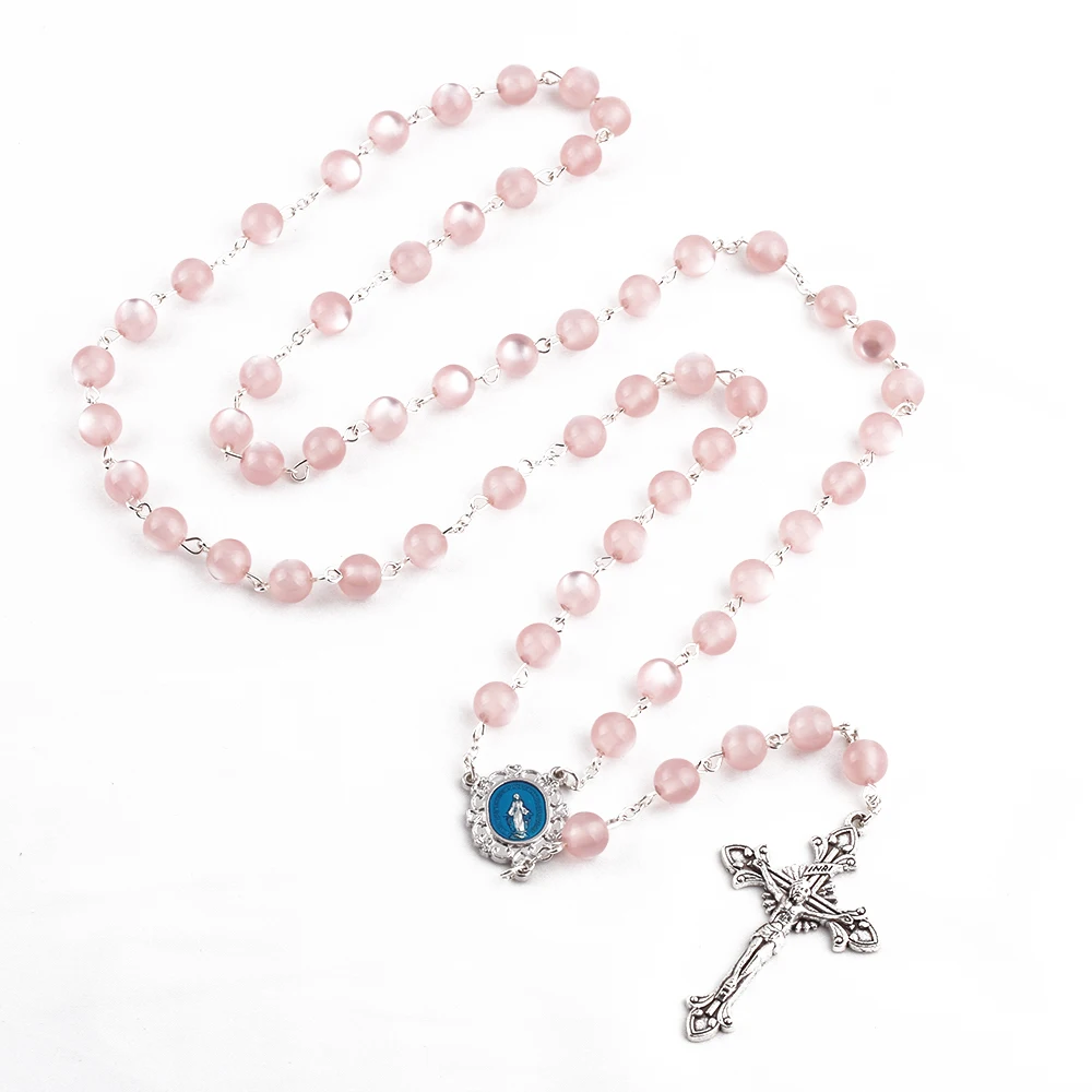 Cat Eyes Round Beads Our Lady of Grace with Blue Enamel Catholic Rosary Necklace