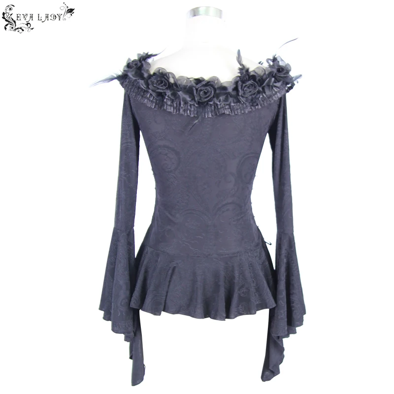ETT002 Eva lady adjusted ribbons floral pattern flat shoulder flared sleeves sexy women lace up gothic t-shirts with flowers