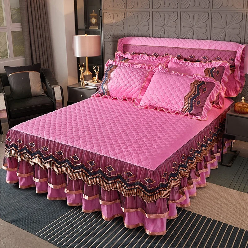 Bed Spread Home Soft Bedding Set Embroidery Thickened Cotton Velvet Bedspreads  Bed Skirt Set