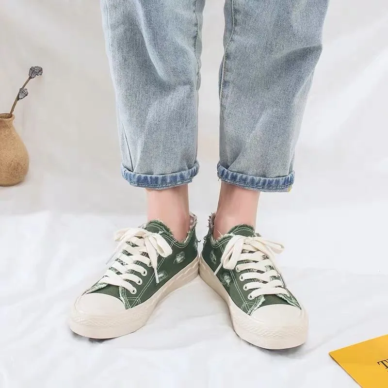 New Arrival Avocado Green Canvas Women Low-top Vulcanized Flat Student Shoes