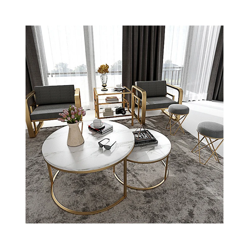 Modern expandable gold round coffee table marble top metal Side Tea Table living room coffee table sets