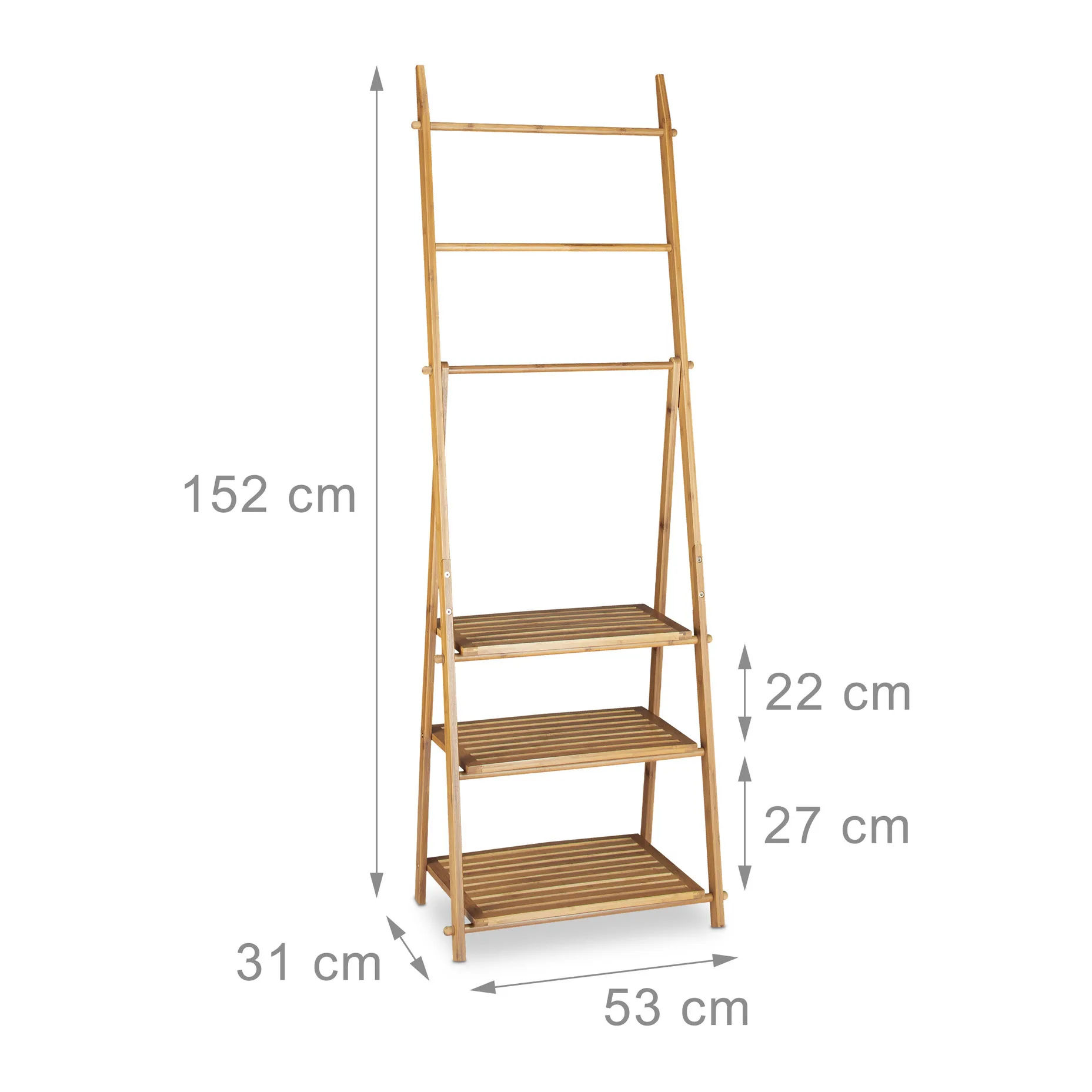 Foldable Storage Holder Clothes Stand Wooden Ladder with 3 Shelves 3 Towel Rails Folding Bamboo Towel Rack for Shower Bathroom