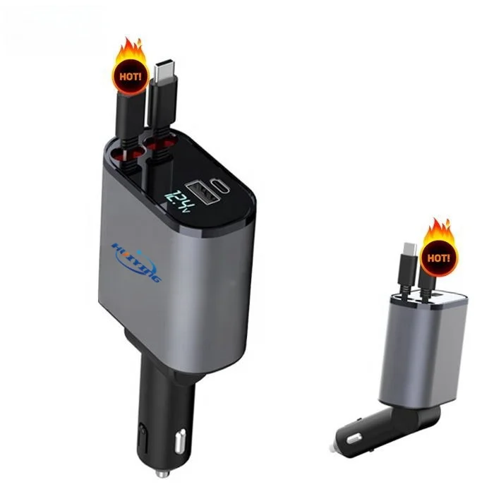 2024 Innovative Products Retractable Car Charger 60w 4 in 1 Car Charger 4 in 1 Fast Car Phone Charging Station
