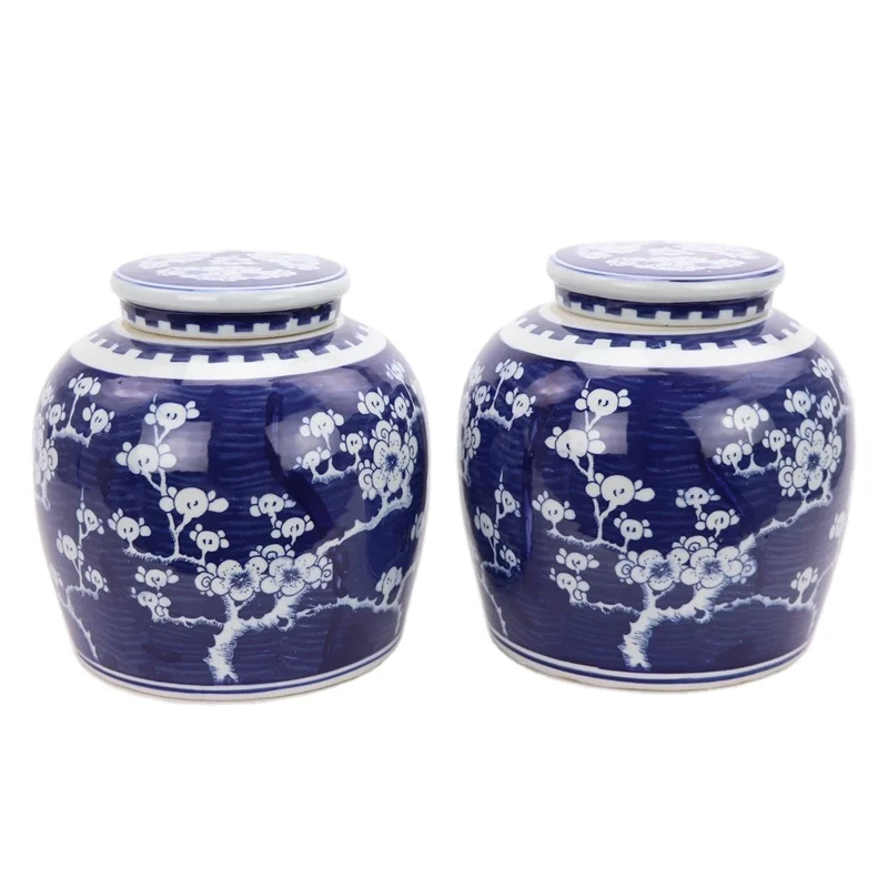 RZPi24-F-E Chinese blue and white porcelain handmade plum Happiness letter flower design ceramic Small Tea Canister