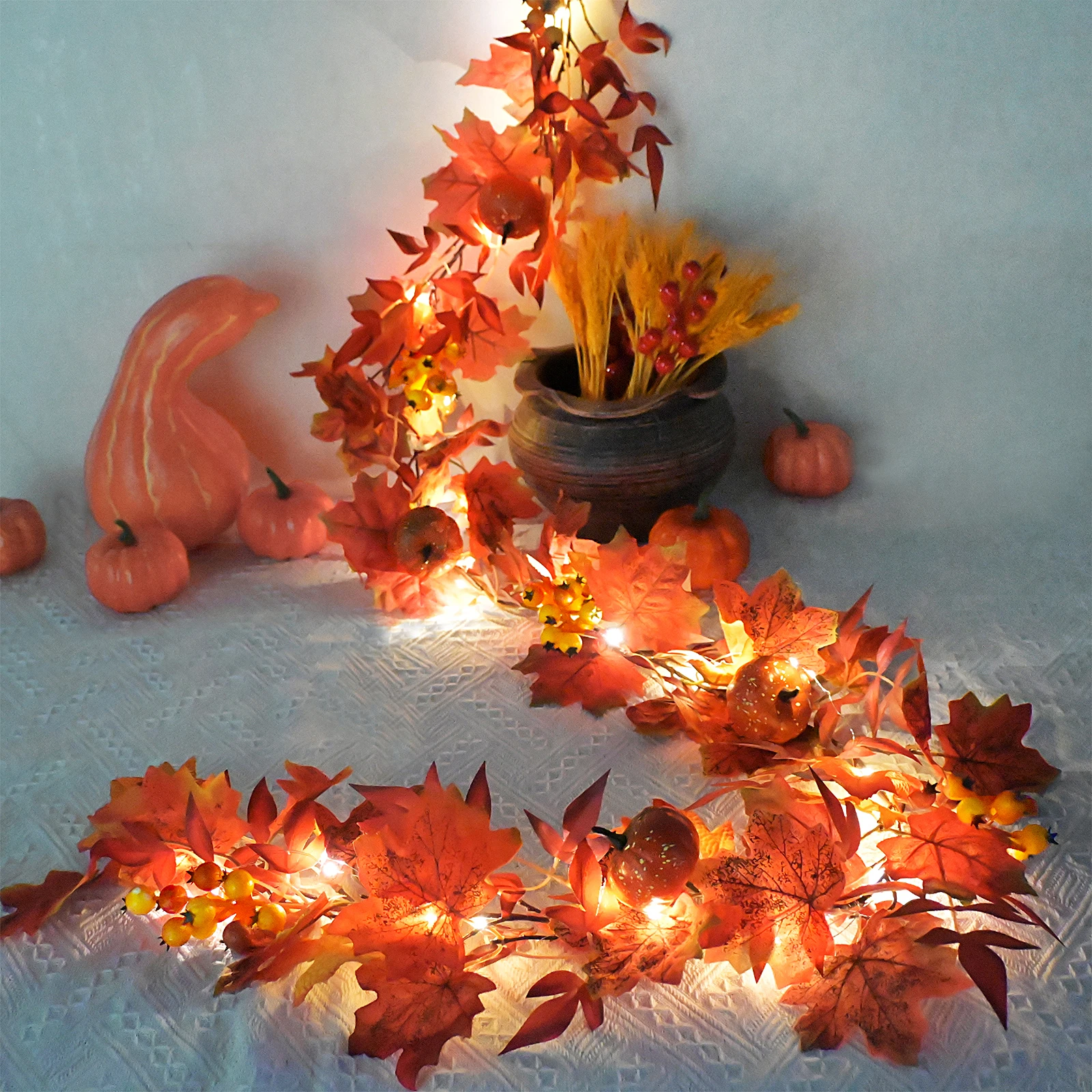 2024 New Upgraded Fall Garland with Lights 6.25 Feet Thanksgiving Autumn Decor Maple Leaf Garland Hanging Fall Leave Vines
