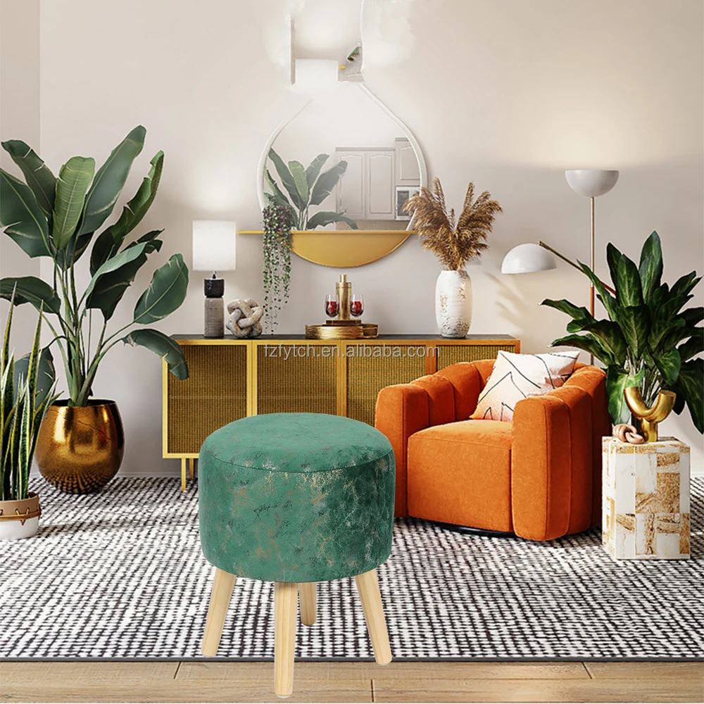 Ottoman Manufacturer Round Fabric Wood Leg Ottoman