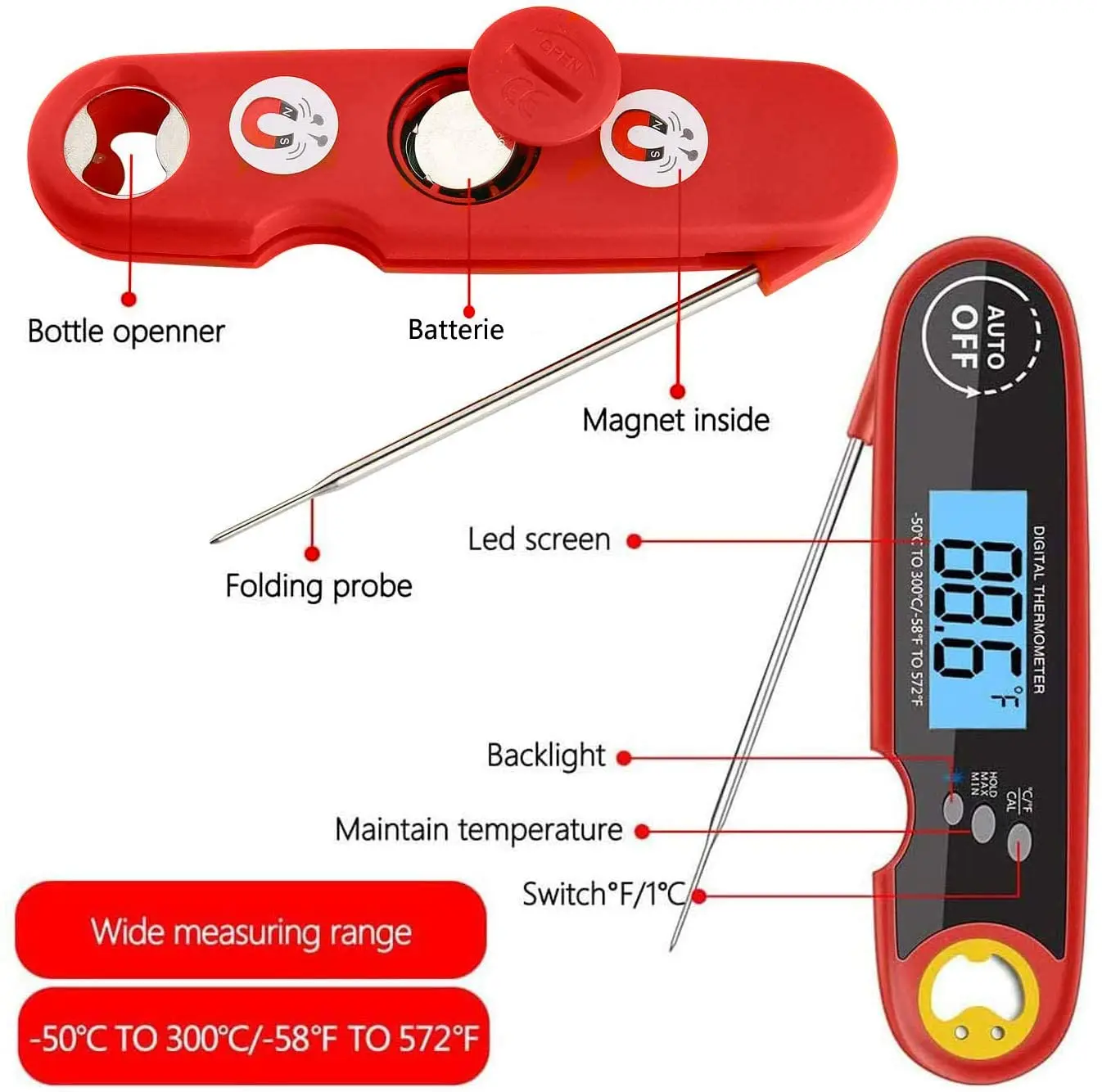 Instant Read Meat Thermometer for Grill and Cooking, with Bottle Opener, Backlight & Calibration