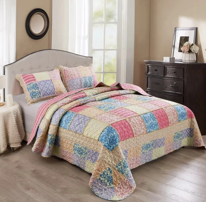 Homes Thickened Polyester Luxury Summer  US Style Patchwork Queen Bedspread with Pillow sham Set