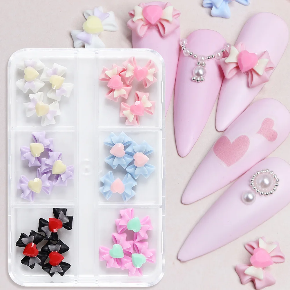 18pcs Resin Bow Heart 3D Nail Art Charms Colorful Nail Accessories for DIY Salon Stone Decorations