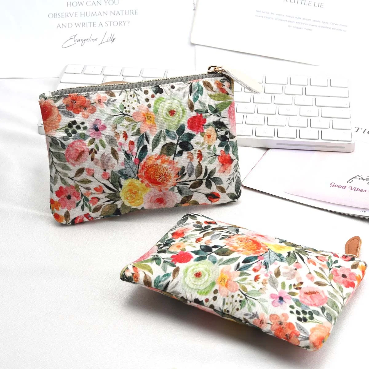 Wholesale Digital Canvas Zipper Cosmetic Pouch Custom Size Cotton Canvas Coin Pocket Money Zipper Bag