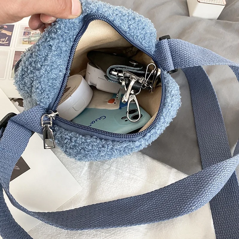 Cute Faux Lambswool Fur Cheap Colorful Shoulder Mini Messenger Fashion Tote Canvas Crossbody Waist Fall Purse Hand Bag for Women