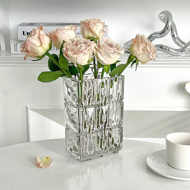 Aesthetics Planters Square Glass Vase Transparent Flower Vase Decor Modern Home Decorative Vases for Luxury Living Room Decor