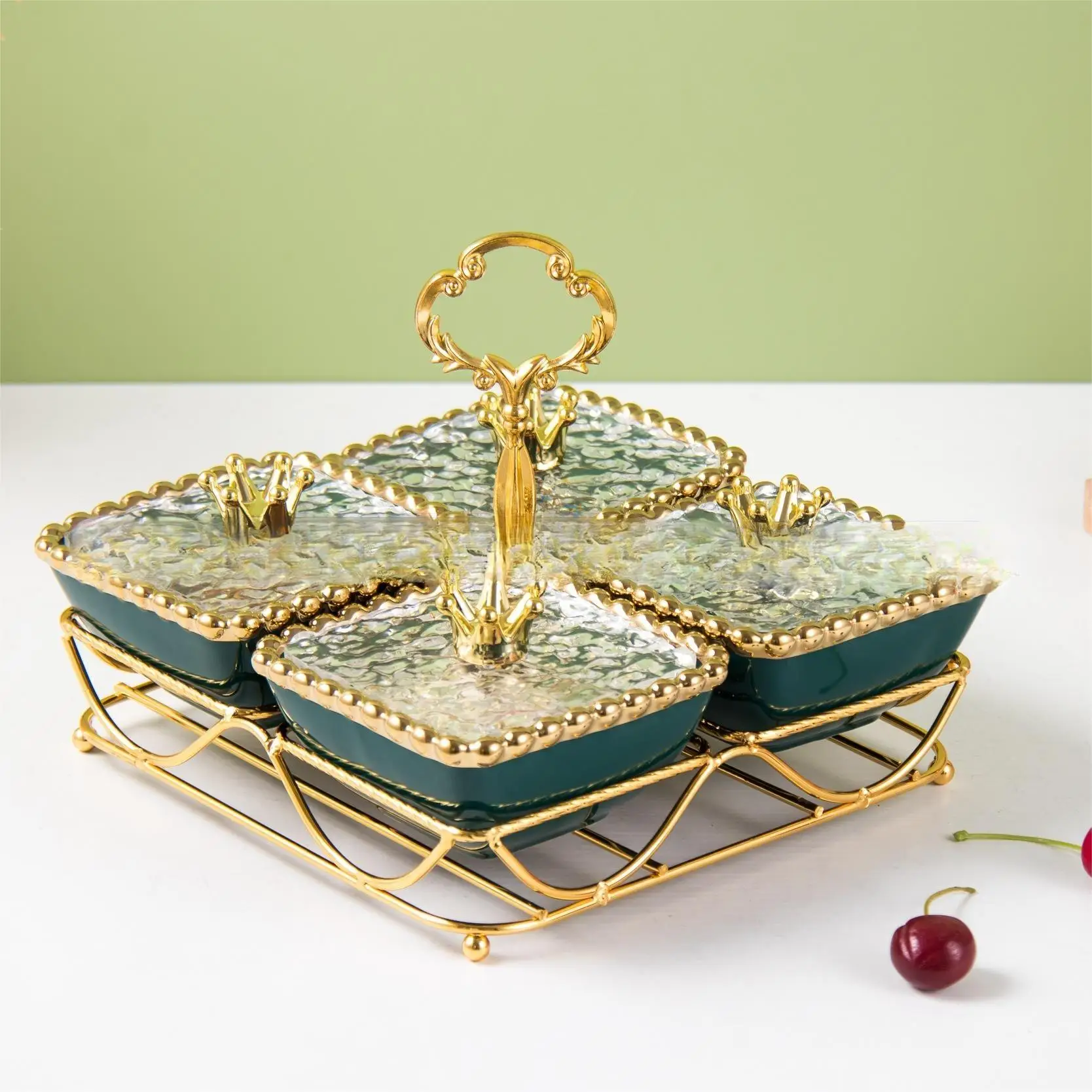 Luxury Design Nuts Food Storage With Ceramic Bowls Golden Metal Dry Fruit Tray