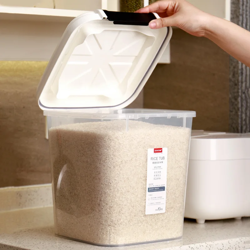 25kg moisture-proof transparent plastic sealed rice flat barrel with lid Kitchen Grain Storage With Four Wheels