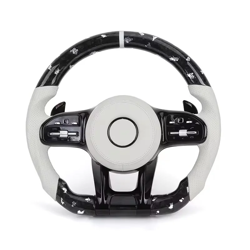 White Half Leather Forged Carbon Fiber Steering Wheel for Mercedes Benz W204 W205 W211 W213 W212 W222 EQA E550 G63 C63 AMG GT