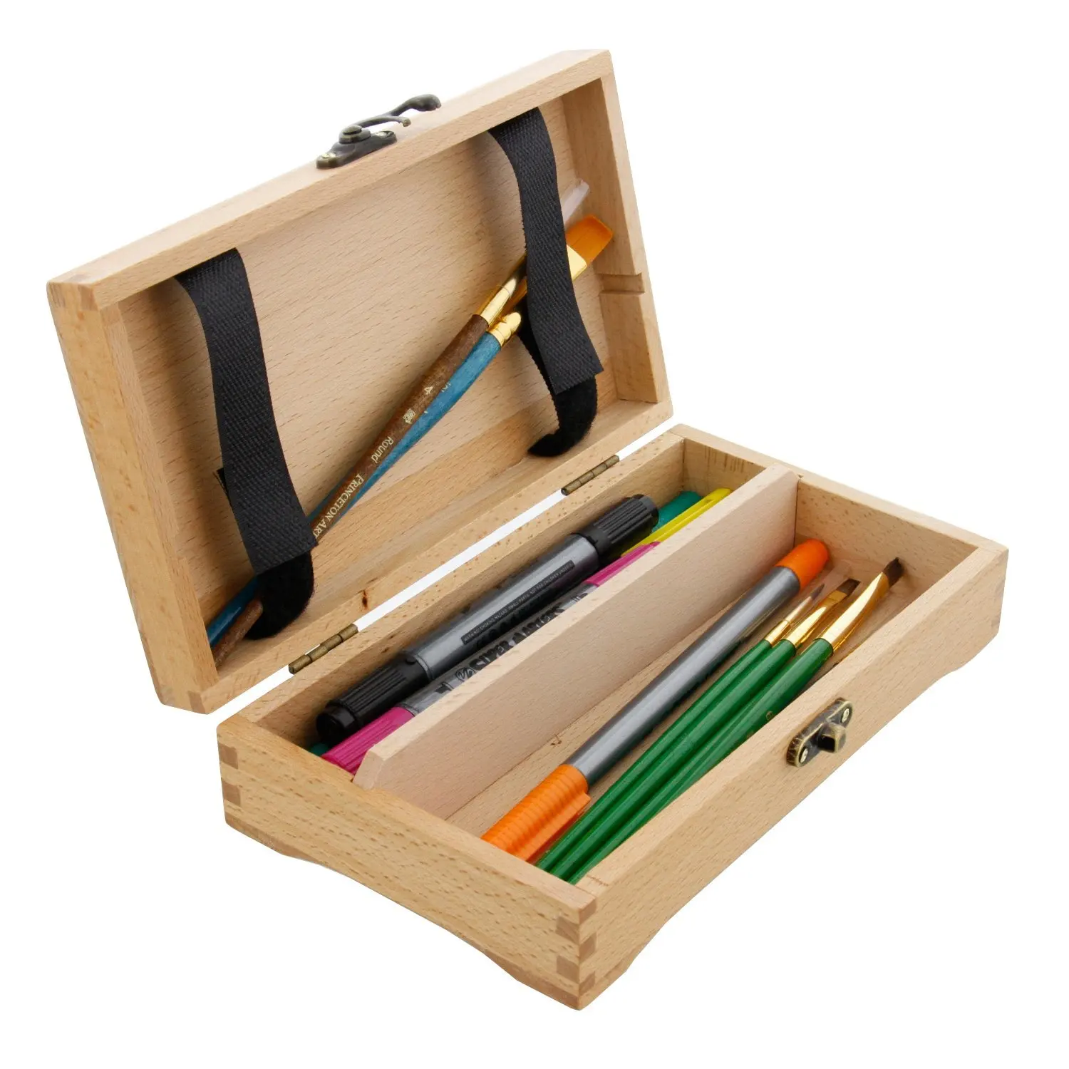 Luxury Wooden Storage Box Small Compartment Beech Wood Artist Tool And Brush Organizer Box With Locking Clasp