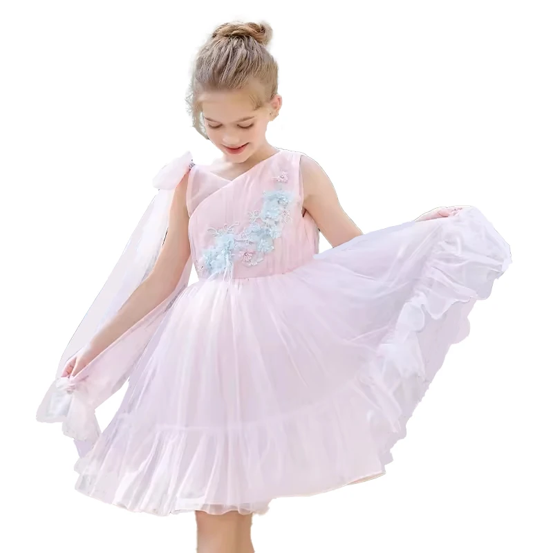 Girls 3D flower pink mesh dress kids summer baby girl party princess dress baby clothes baby girls kids clothing frock