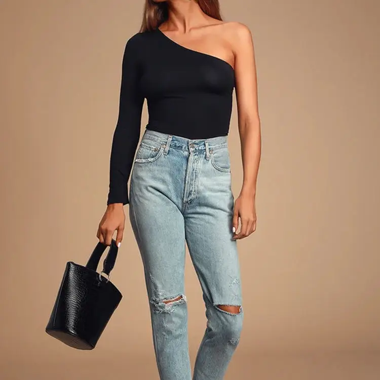 Women Customized Bamboo Viscose Long Sleeve One Shoulder Black Knit Cropped Top Shirt Made From Cozy Sustainable Bamboo Fabrics