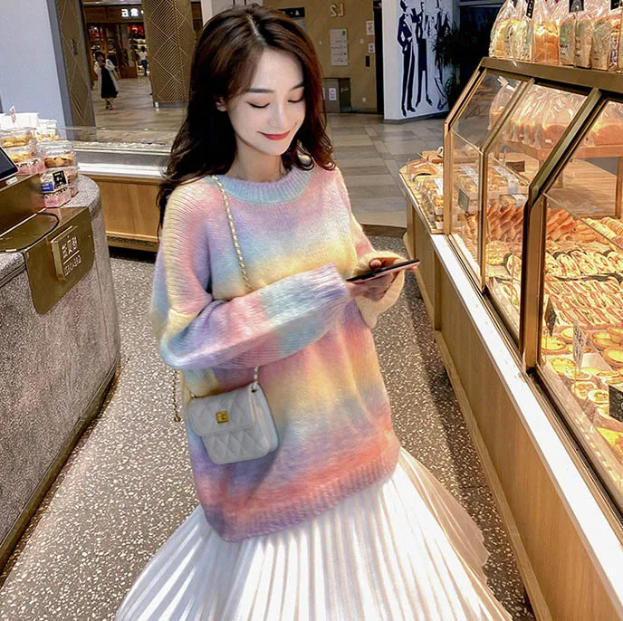 Japan Fashion Knit Sweater Rainbow stripe Pullover Loose Cocoon Lazy Style Knit Top
