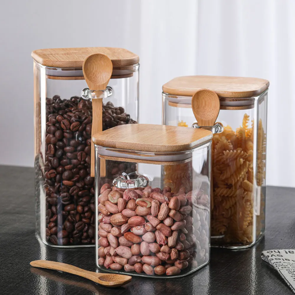 Square Glass Jar Storage Square Glass Jar Bamboo Lid Air Tight Square Shape Bamboo Wood Lid