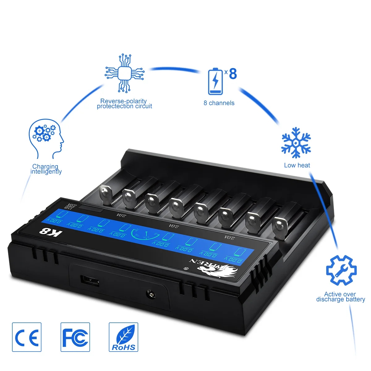 IMREN 8 slots automatic 18650 5v 2a lithium battery charger for 18650 26650