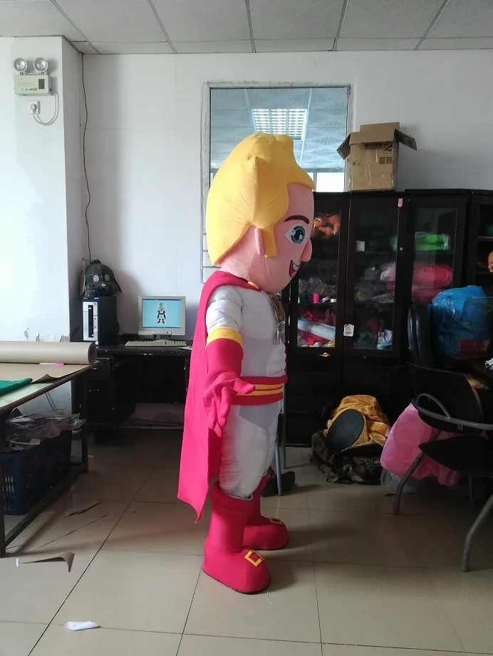 Popular adult yellow hair super hero superhero mascot costume with red cape for sale,color and logo can be changed as required.