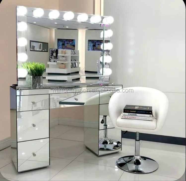 Hot Selling Makeup Vanity Set Mirrored Vanity Table Bedroom Dressing With Diamond Crystal With Hollywood lighted Makeup Mirror