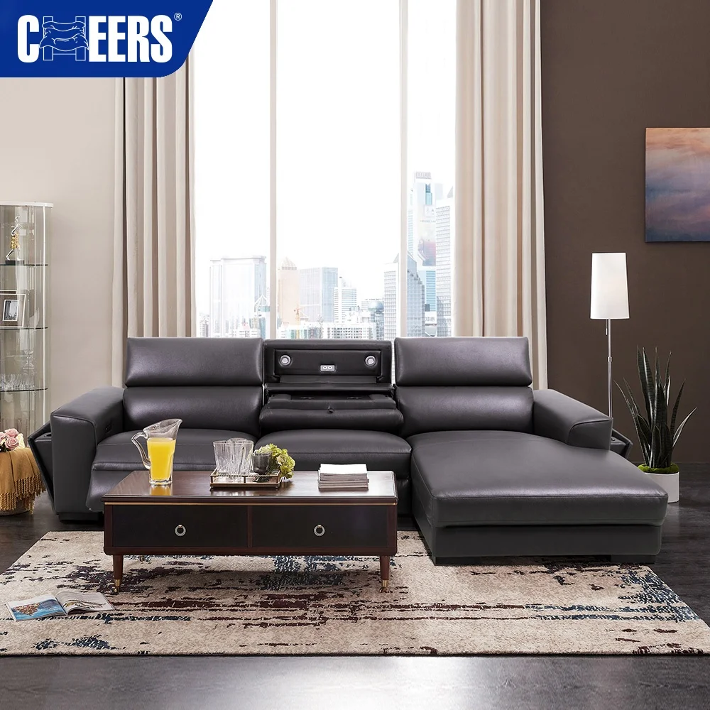MANWAH CHEERS Hot Sale L Shape Leather Power Recliner Sofa With Chaise Lounge Led Light Cup Holder And Wireless Charging