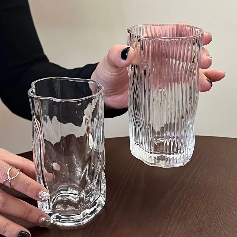 Unique 270ml Irregular premium glass cups durable origami twist Iced American latte glass cup home office cold drink coffee mug