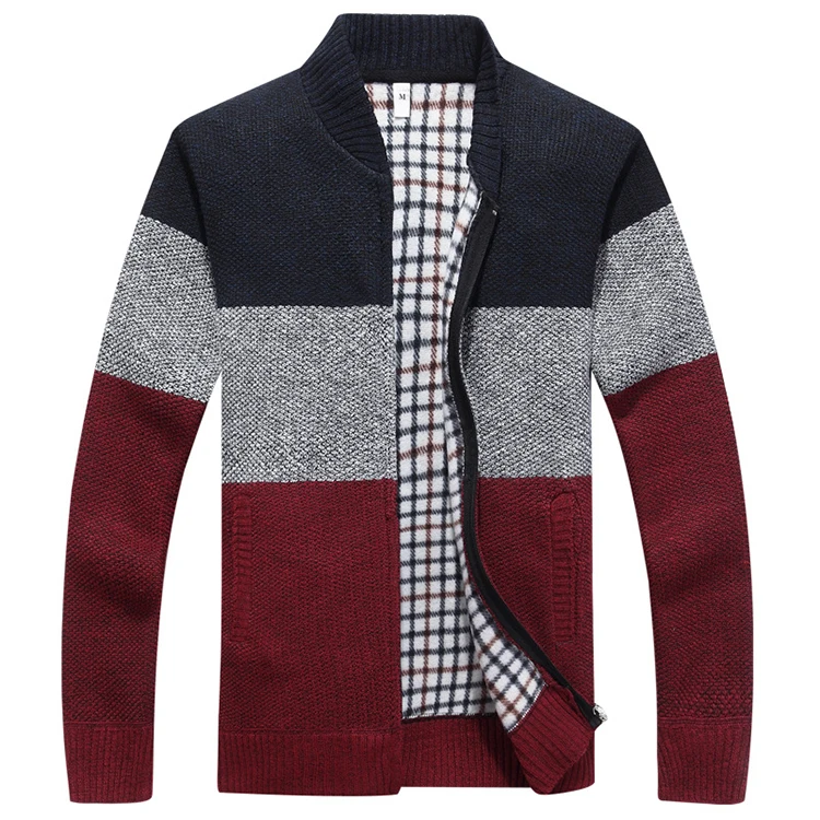 2021 Winter Fashion O Neck Long Sleeve Grey Color Block Zip Up Mens Cardigan Sweater For Men